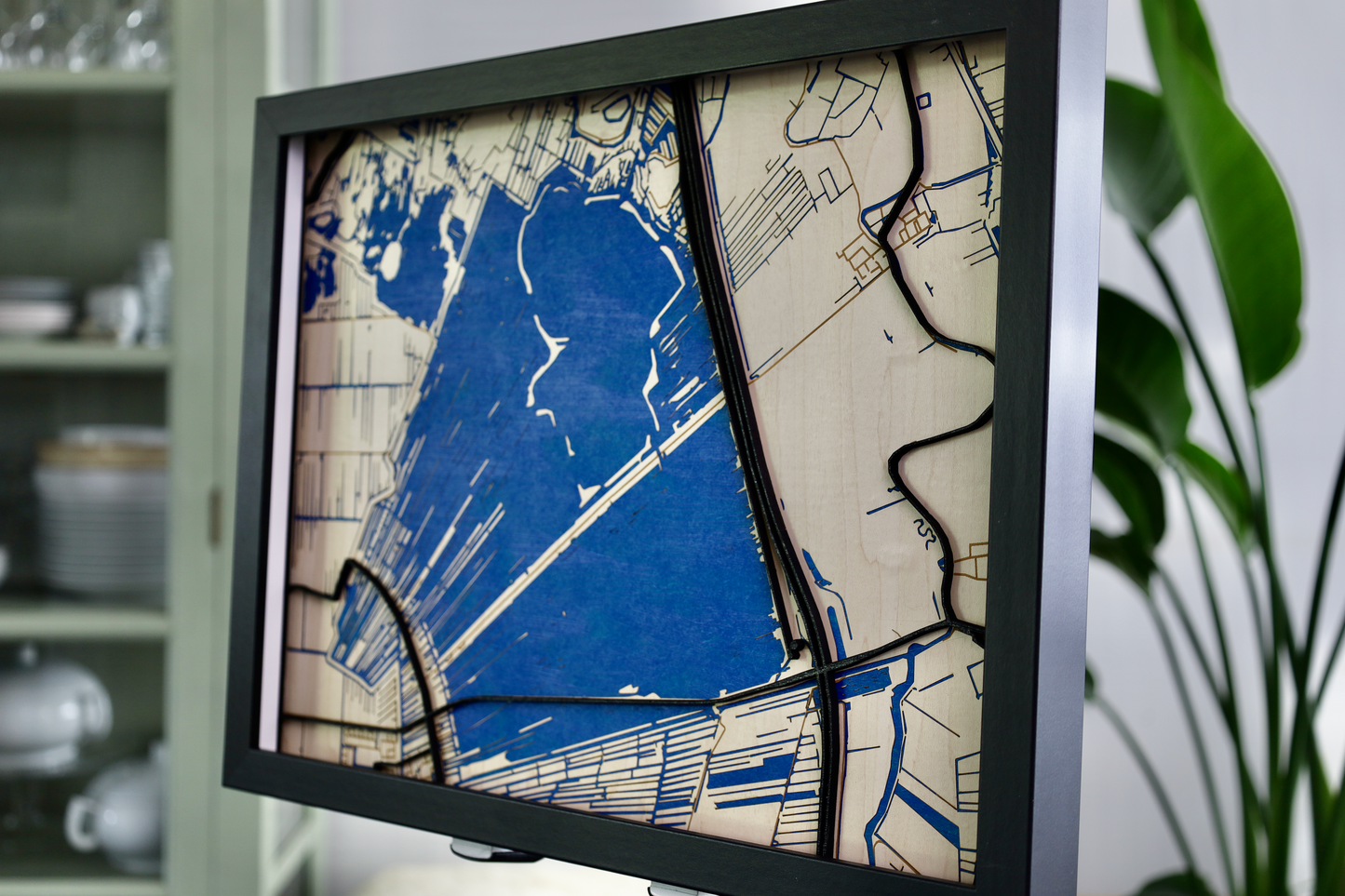 Wooden 3D map of Vinkeveen with frame and plexiglass plate