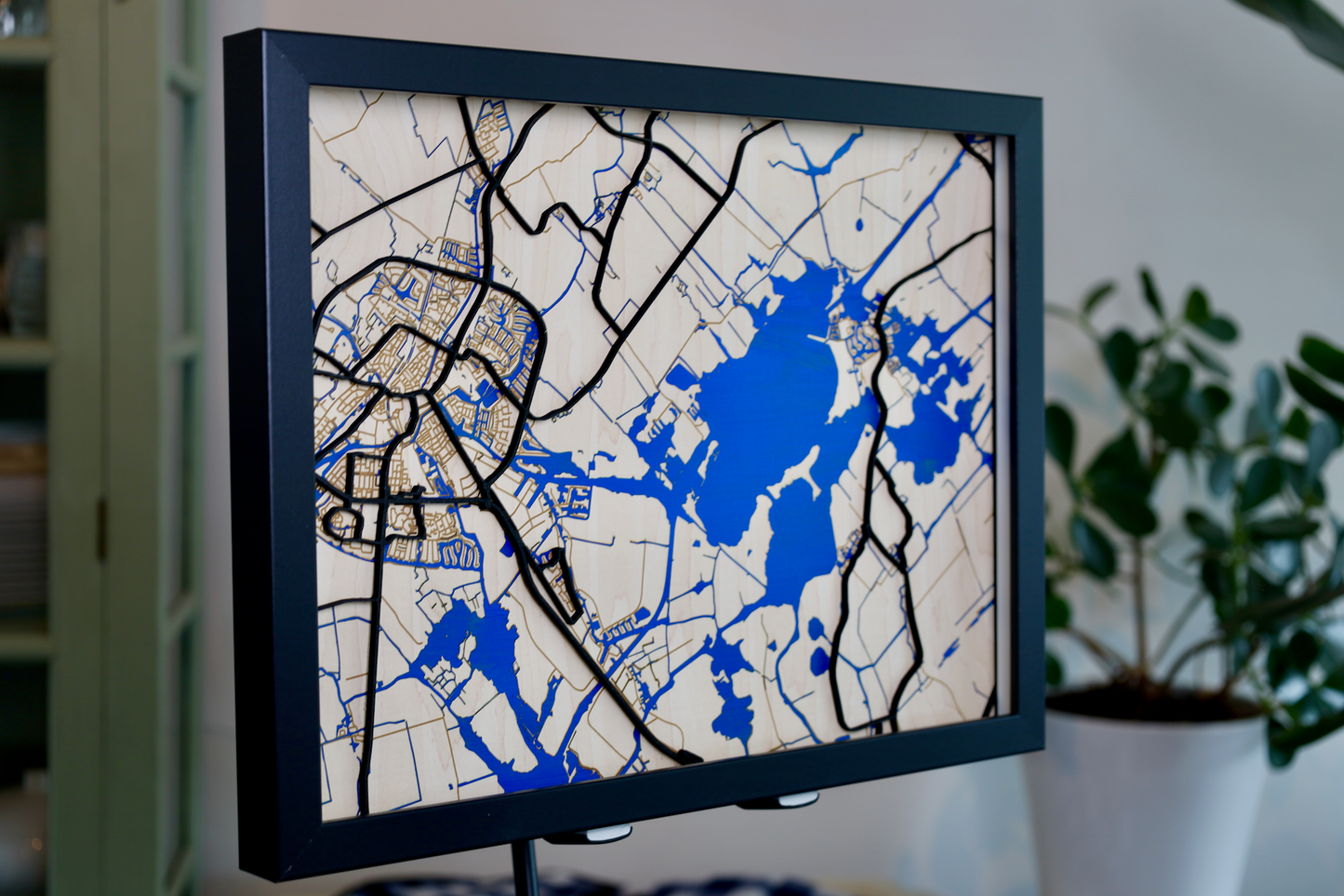 Houten 3D Kaart van Sneek en Sneekermeer met Glasplaat