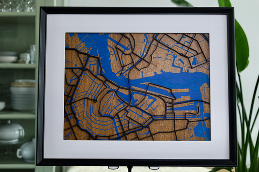 Houten 3D Kaart van Amsterdam met Glasplaat