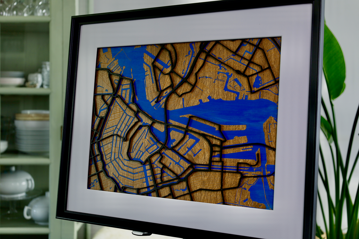 Houten 3D Kaart van Amsterdam met Glasplaat