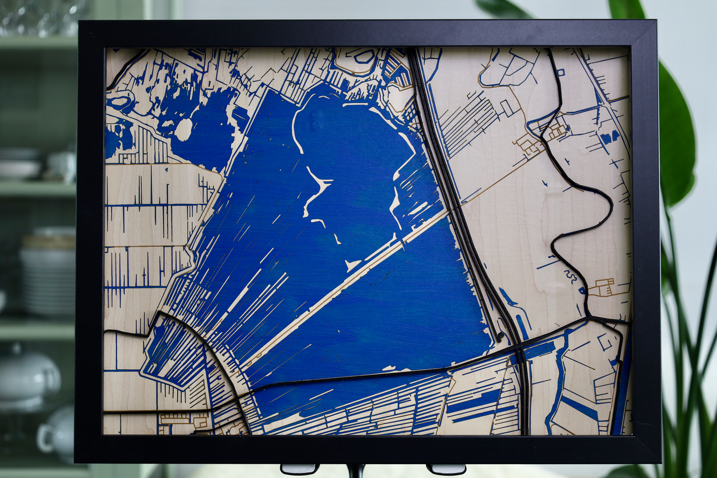 Houten 3D Kaart van Vinkeveen met frame en plexiglasplaat