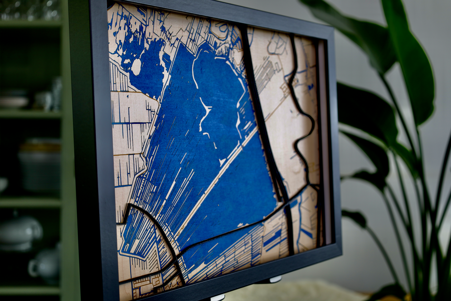 Houten 3D Kaart van Vinkeveen met frame en plexiglasplaat