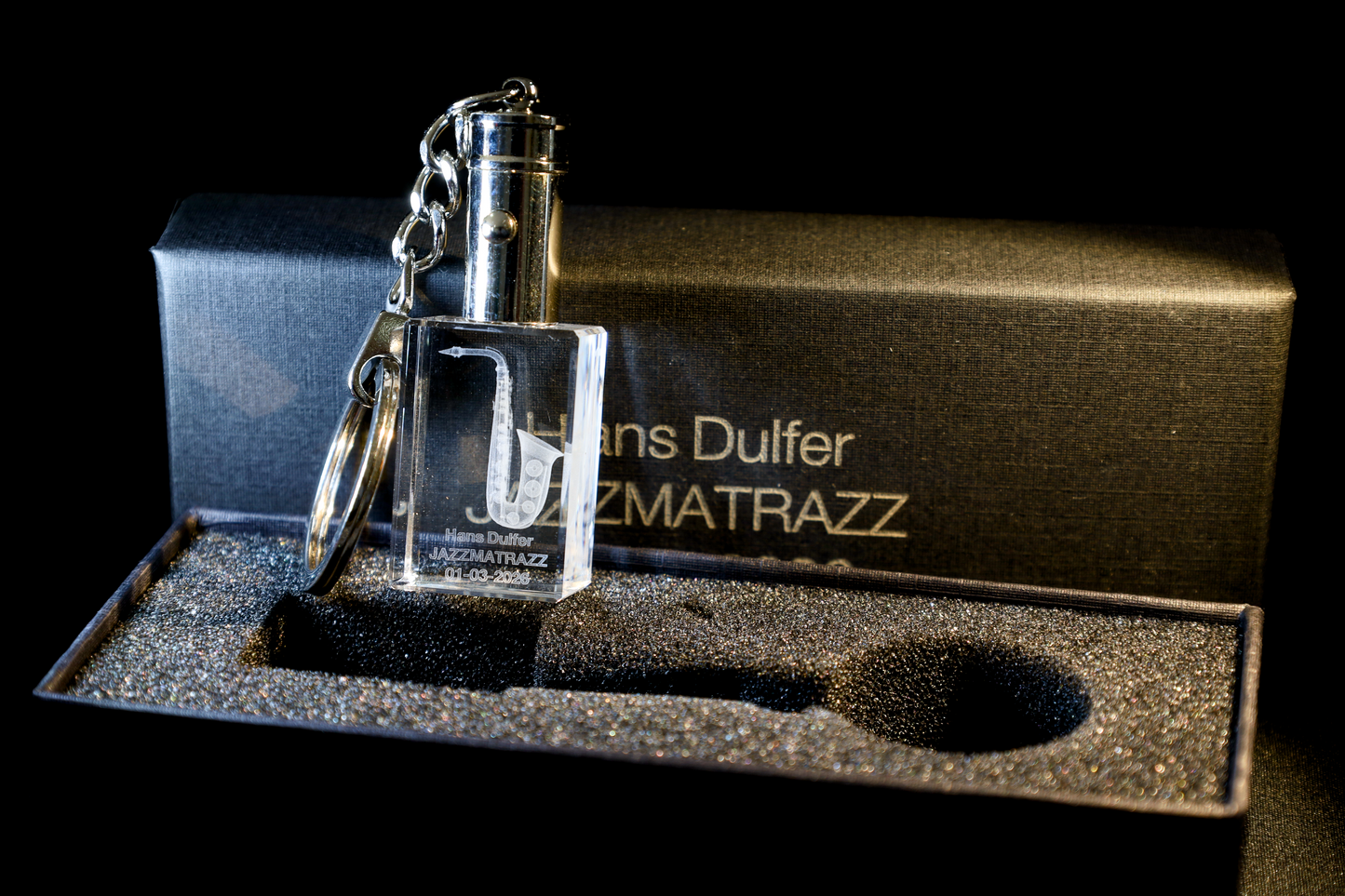 Sleutelhanger Saxofoon – 3D miniatuur met jouw eigen gravure