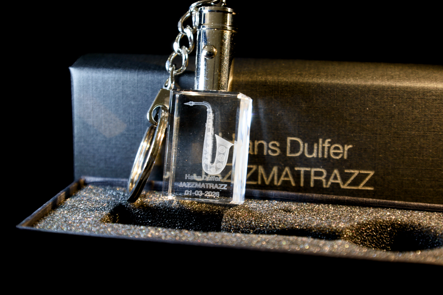 Sleutelhanger Saxofoon – 3D miniatuur met jouw eigen gravure