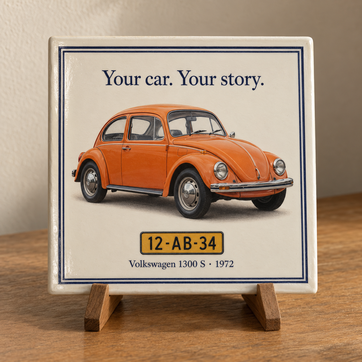 Personalised ceramic tile showing an orange Volkswagen Beetle, its model and sample licence plate